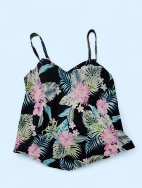 Bal Harbor Black Tropical Floral Swim Top with Pink & Teal Flowers  Sz S